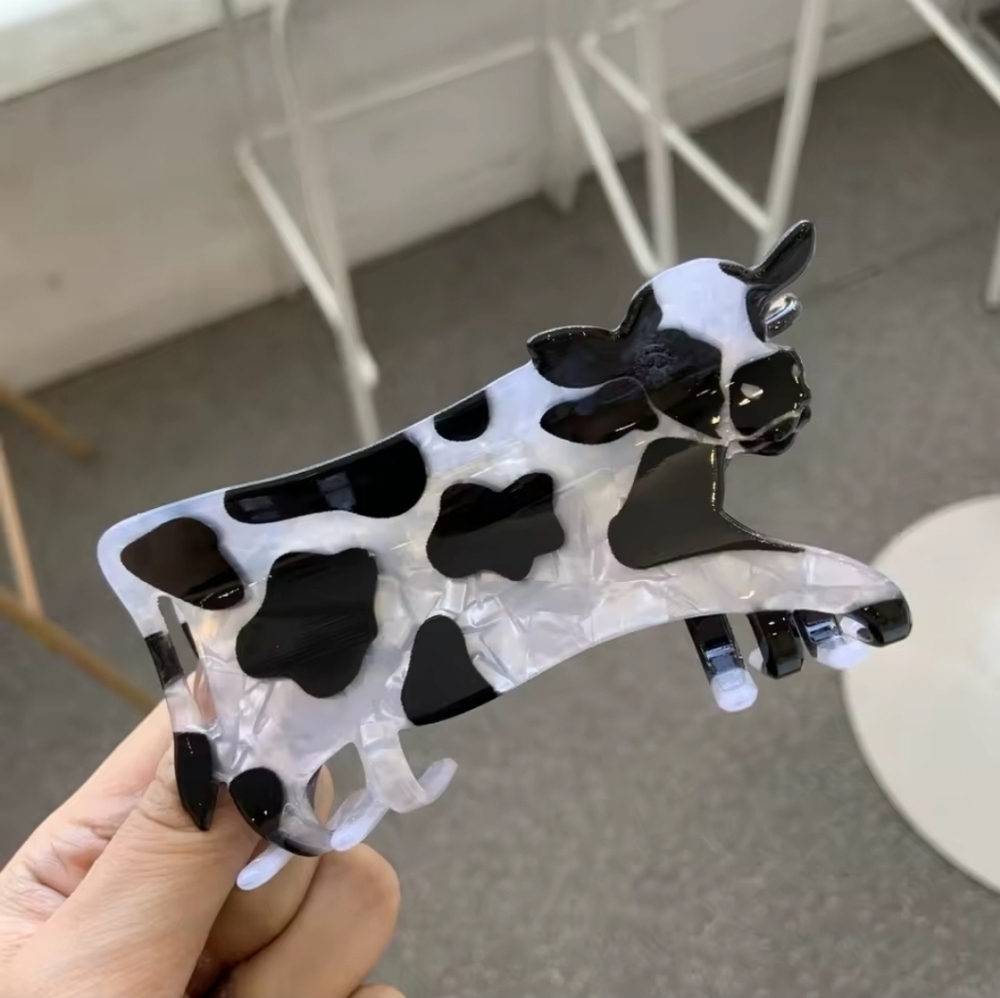 NEW Cow Shaped Hair Clip Claw Black White Animal Print Farm Animal